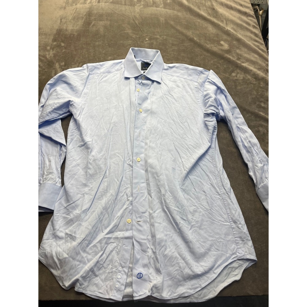 David Donahue Mens Trim Fit Dress Shirt Light Blue Micro Diamond 16 32/33 Cotton